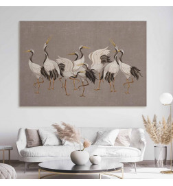 DYI Large Canvas Print - Crane dance – bright silhouettes of birds against a warm grey background with texture