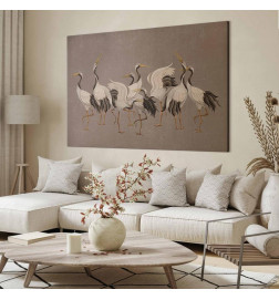 XXL paveikslas - Crane dance – bright silhouettes of birds against a warm grey background with texture