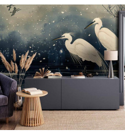 Fotomural - Herons over a winter pond - Japanese-style illustration in dark colours