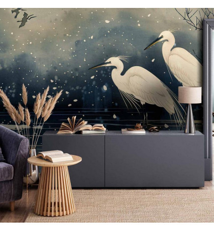 Fototapetti - Herons over a winter pond - Japanese-style illustration in dark colours