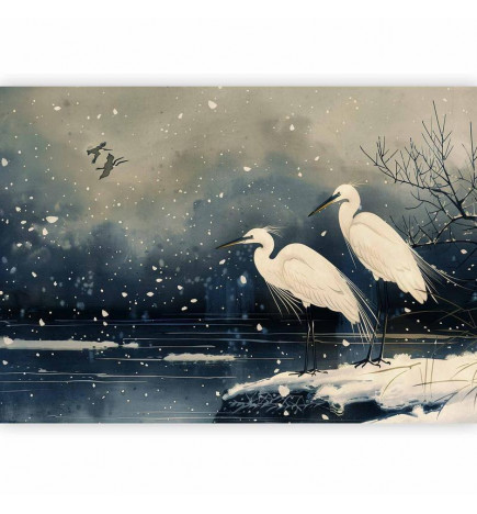 Wall Mural - Herons over a winter pond - Japanese-style illustration in dark colours