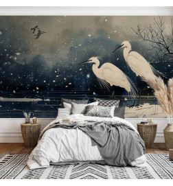 Carta da parati - Herons over a winter pond - Japanese-style illustration in dark colours