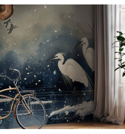 Foto tapete - Herons over a winter pond - Japanese-style illustration in dark colours
