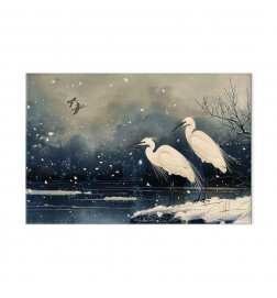 Wandbild XXL - Herons over a winter pond - Japanese-style illustration in dark colours