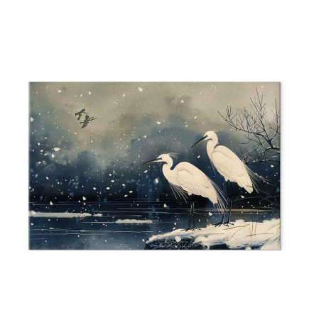 Tableau XXL - Herons over a winter pond - Japanese-style illustration in dark colours