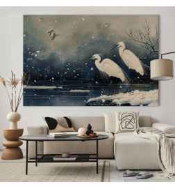 Wandbild XXL - Herons over a winter pond - Japanese-style illustration in dark colours