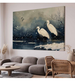 Tableau XXL - Herons over a winter pond - Japanese-style illustration in dark colours