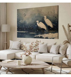Groot XXL schilderij - Herons over a winter pond - Japanese-style illustration in dark colours