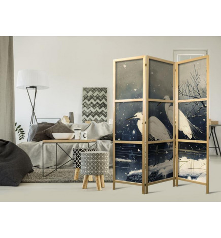 Paravento giapponese - Herons over a winter pond - Japanese-style illustration in dark colours