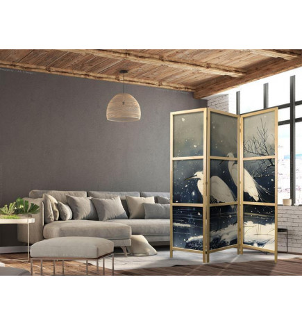 Paravento giapponese - Herons over a winter pond - Japanese-style illustration in dark colours