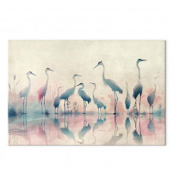 Schilderij - Birds by the lake - herons painted in watercolour in delicate grey and pink colours