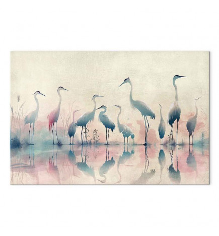 Leinwandbild - Birds by the lake - herons painted in watercolour in delicate grey and pink colours