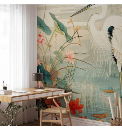 Mural de parede - By an Asian pond - an illustration in the style of a Japanese engraving, depicting a heron