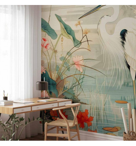 Fototapete - By an Asian pond - an illustration in the style of a Japanese engraving, depicting a heron