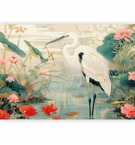 Papier peint - By an Asian pond - an illustration in the style of a Japanese engraving, depicting a heron
