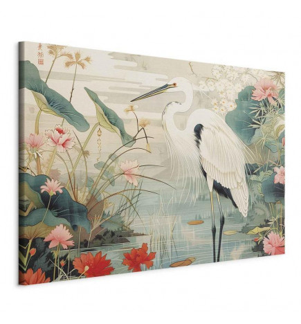 Wandbild XXL - By an Asian pond - an illustration in the style of a Japanese engraving, depicting a heron