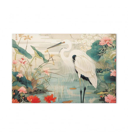 Cuadro XXL - By an Asian pond - an illustration in the style of a Japanese engraving, depicting a heron