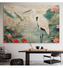 Tablou XXL - By an Asian pond - an illustration in the style of a Japanese engraving, depicting a heron