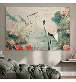 XXL slika - By an Asian pond - an illustration in the style of a Japanese engraving, depicting a heron
