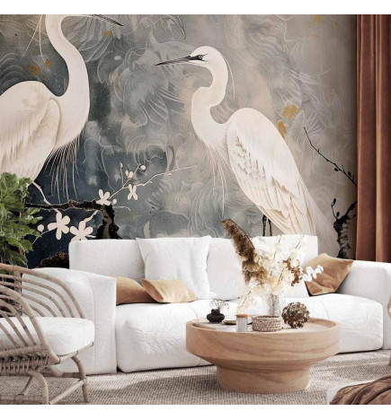 Fotomural - Herons and cherry blossoms - oriental-style illustration depicting birds