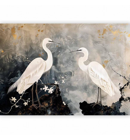 Mural de parede - Herons and cherry blossoms - oriental-style illustration depicting birds