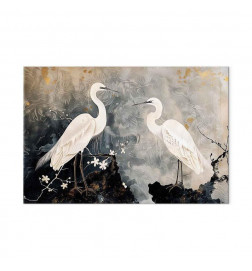 Cuadro XXL - Herons and cherry blossoms - oriental-style illustration depicting birds