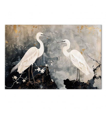 Leinwandbild - Herons and cherry blossoms - oriental-style illustration depicting birds