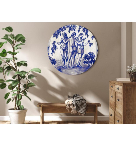 Tableau rond - Ancient vineyard - three women in a portal painted with blue ink