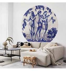 Round Wall Mural - Ancient vineyard - three women in a portal painted with blue ink