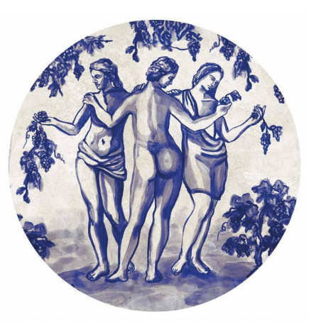 Round Wall Mural - Ancient vineyard - three women in a portal painted with blue ink