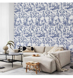 Papel pintado - Blue antique – a delicate pattern with Greek and botanical motifs