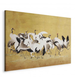 Slika - Japanese cranes - a flock of birds against a golden background based on a painting by Ishida Yūtei