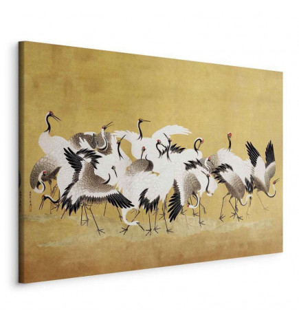 Tableau - Japanese cranes - a flock of birds against a golden background based on a painting by Ishida Yūtei