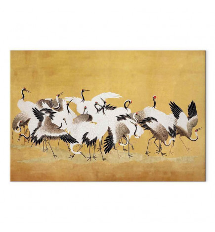 Cuadro - Japanese cranes - a flock of birds against a golden background based on a painting by Ishida Yūtei