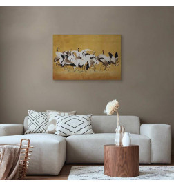 Tableau - Japanese cranes - a flock of birds against a golden background based on a painting by Ishida Yūtei