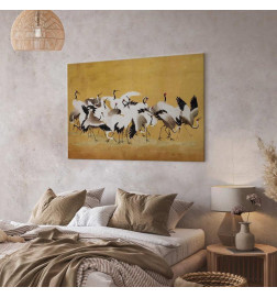 Tableau - Japanese cranes - a flock of birds against a golden background based on a painting by Ishida Yūtei