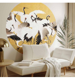 Round Wall Mural - Japanese cranes - a flock of birds against a golden background based on a painting by Ishida Yūtei