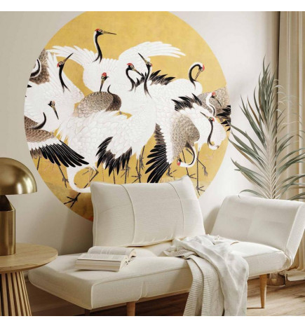 Round Wall Mural - Japanese cranes - a flock of birds against a golden background based on a painting by Ishida Yūtei