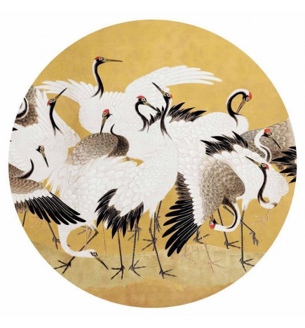 Fotomural redondo - Japanese cranes - a flock of birds against a golden background based on a painting by Ishida Yūtei