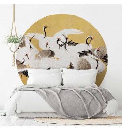 Papier Peint rond - Japanese cranes - a flock of birds against a golden background based on a painting by Ishida Yūtei
