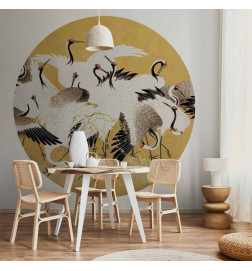 Pyöreä seinämaalaus - Japanese cranes - a flock of birds against a golden background based on a painting by Ishida Yūtei