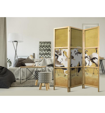 Japanese Room Divider - Japanese cranes - a flock of birds against a golden background based on a painting by Ishida Yūt