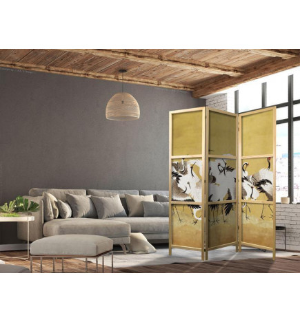 Japanischer Paravent - Japanese cranes - a flock of birds against a golden background based on a painting by Ishida Yūte