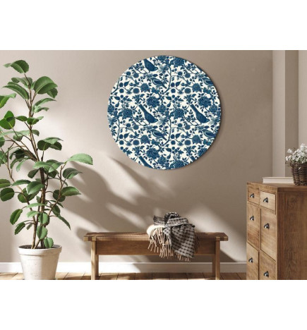 Round Canvas Print - Birds and roses - monochrome blue pattern with botanical motif