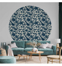 Fotomural redondo - Birds and roses - monochrome blue pattern with botanical motif