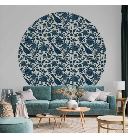 Apaļā fototapete - Birds and roses - monochrome blue pattern with botanical motif