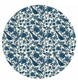 Apaļā fototapete - Birds and roses - monochrome blue pattern with botanical motif