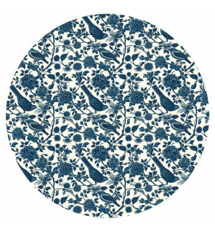 Runde Fototapete - Birds and roses - monochrome blue pattern with botanical motif