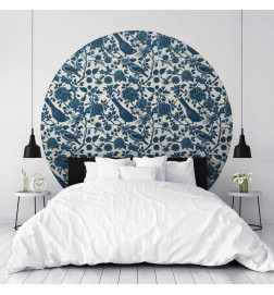 Runde Fototapete - Birds and roses - monochrome blue pattern with botanical motif
