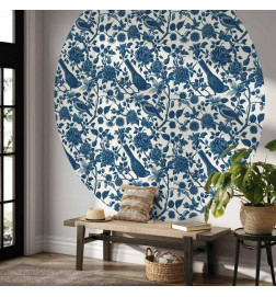 Pyöreä seinämaalaus - Birds and roses - monochrome blue pattern with botanical motif